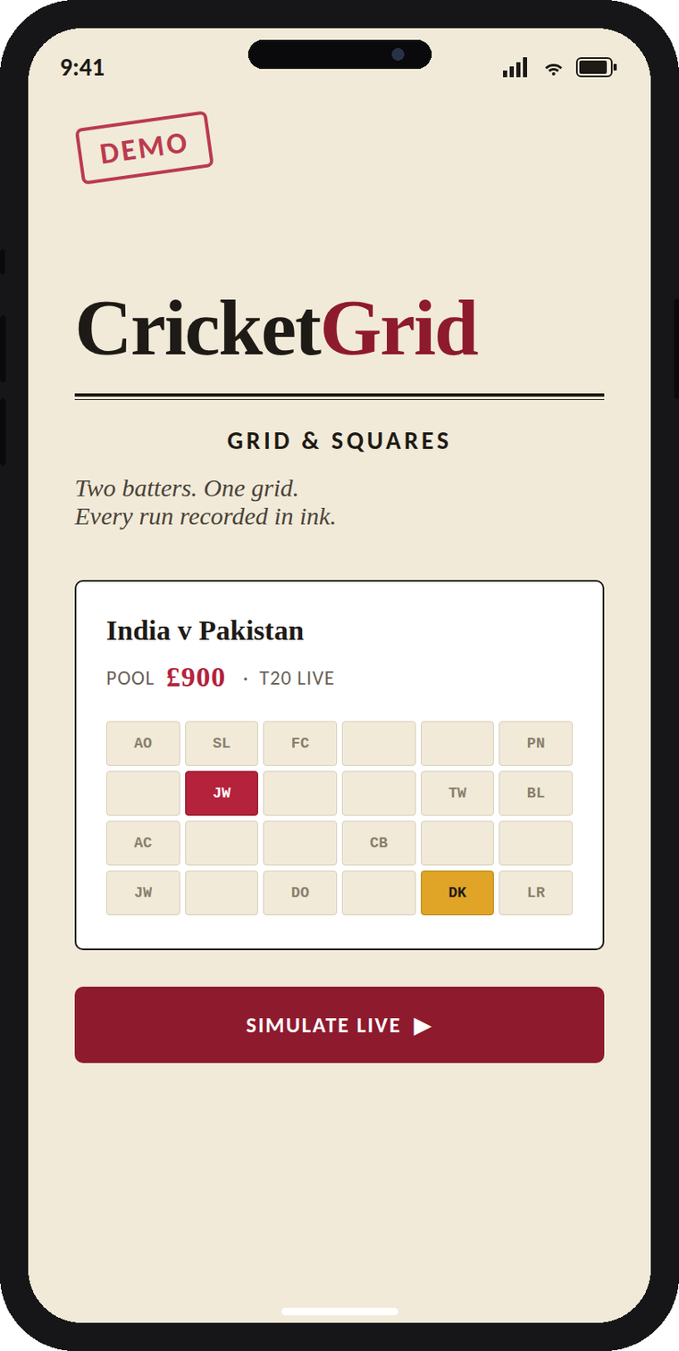 CricketGrid squares game interface mockup
