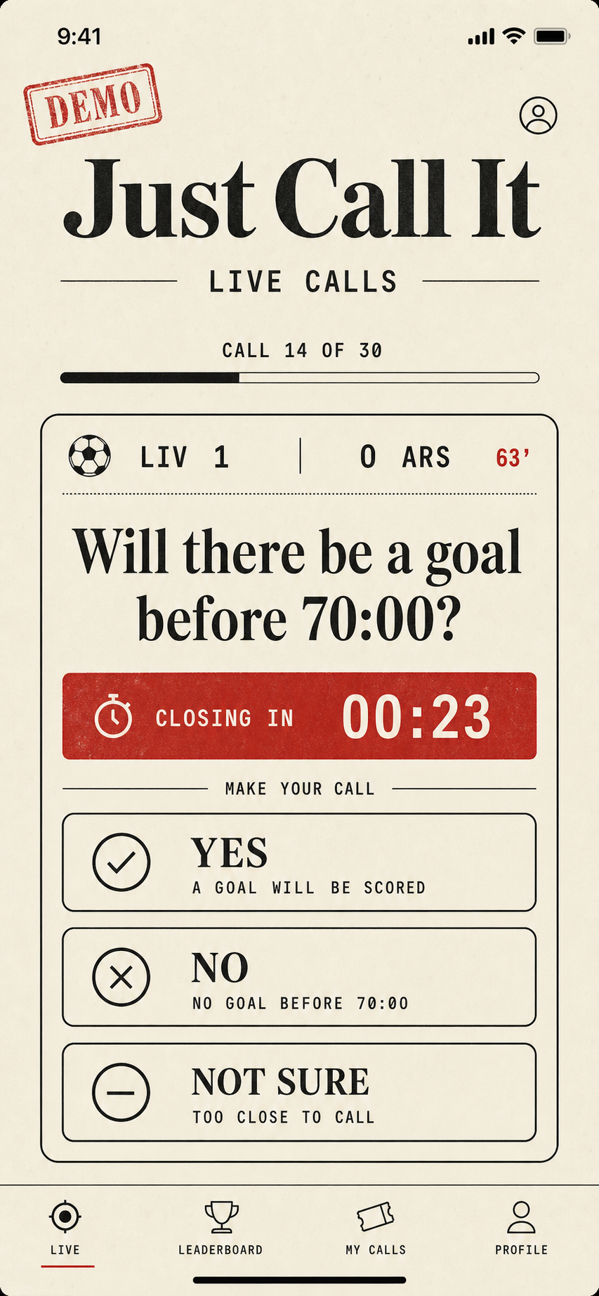 Just Call It live prediction game interface mockup