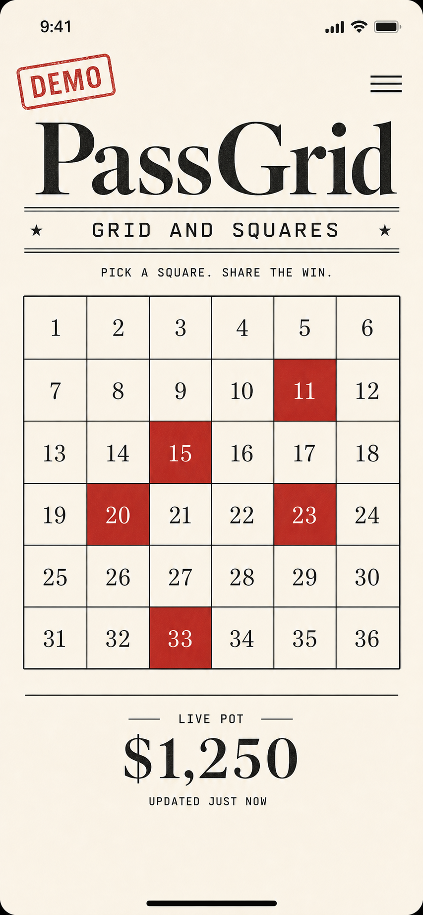PassGrid squares game interface mockup