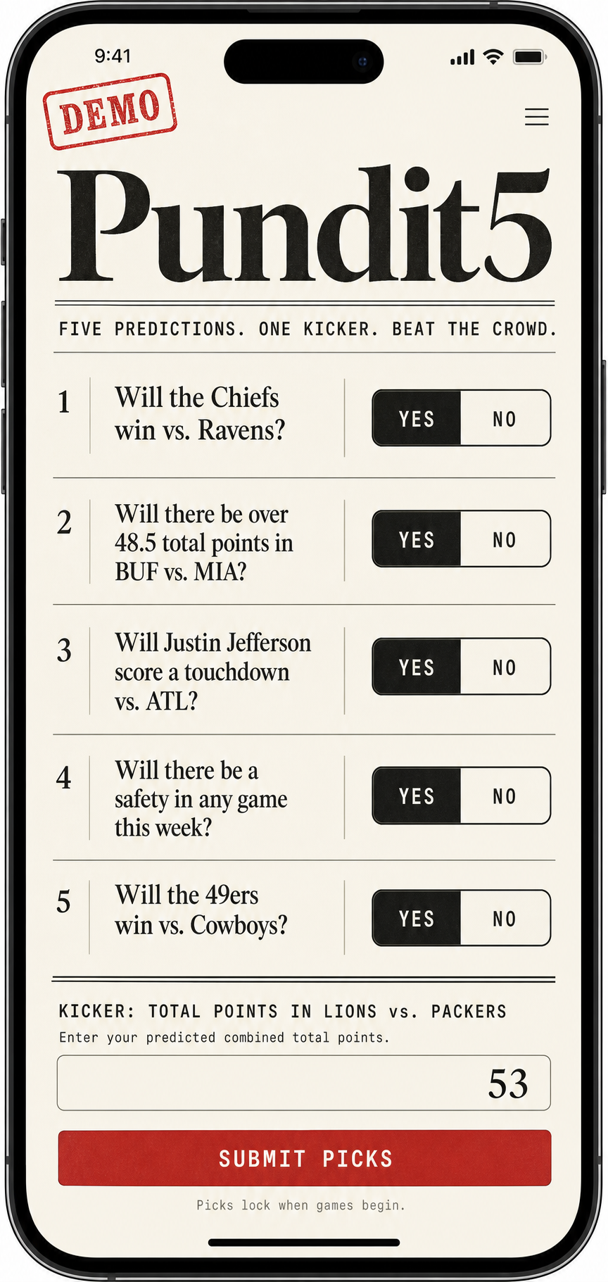 Pundit5 prediction game interface mockup