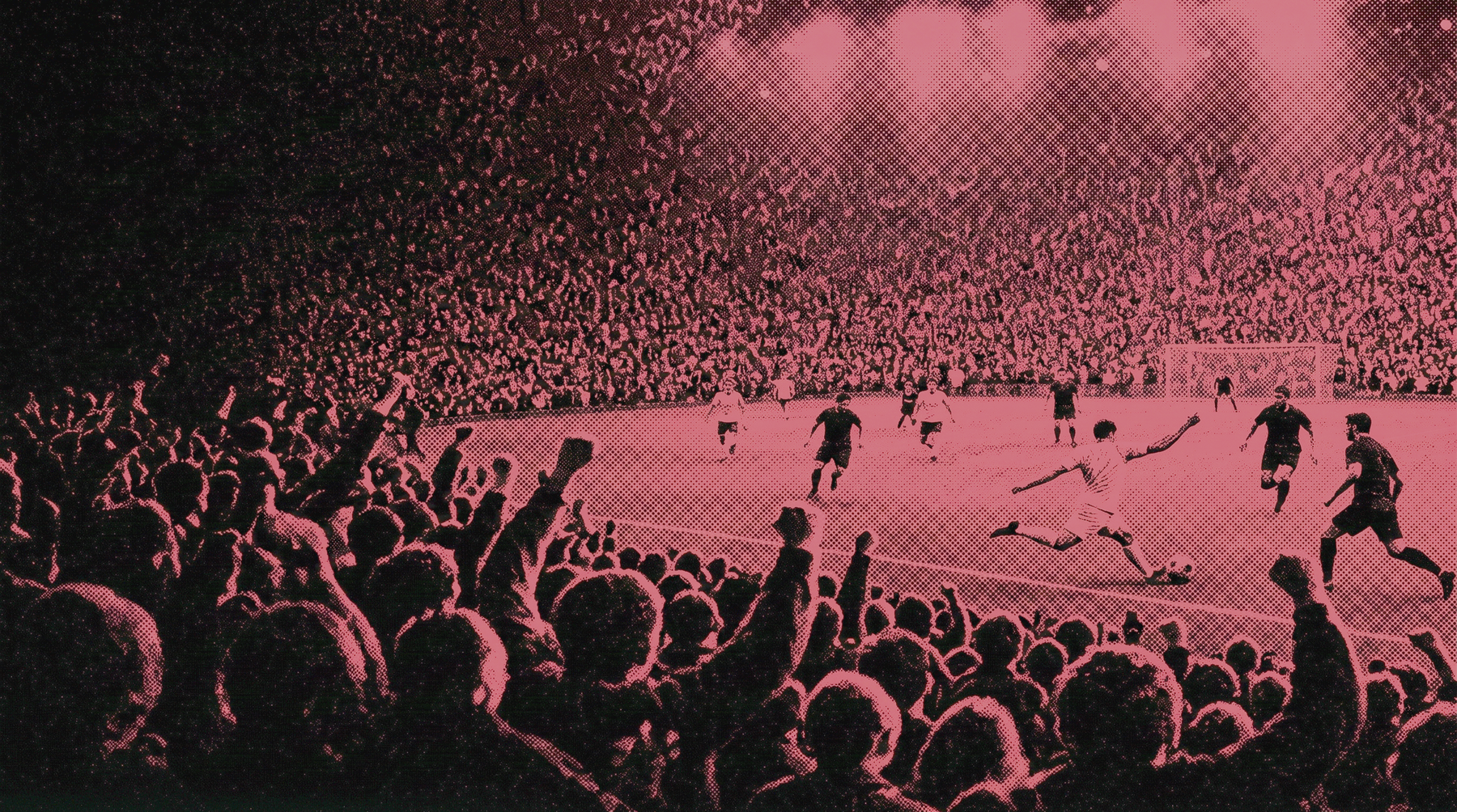 Floodlit stadium at night during a live football match, rendered as a red-on-black halftone duotone